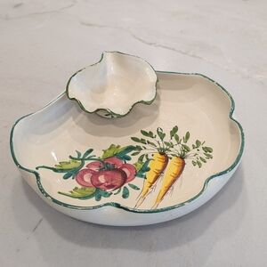 Antique Hand-Painted Pottery Serving Dish with Vegetable Pattern Made In Italy.